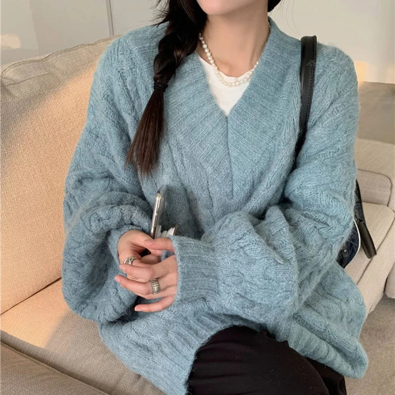 Harajuku Women Sweater Cute Oversized Knitted Pullover V Neck Sweater