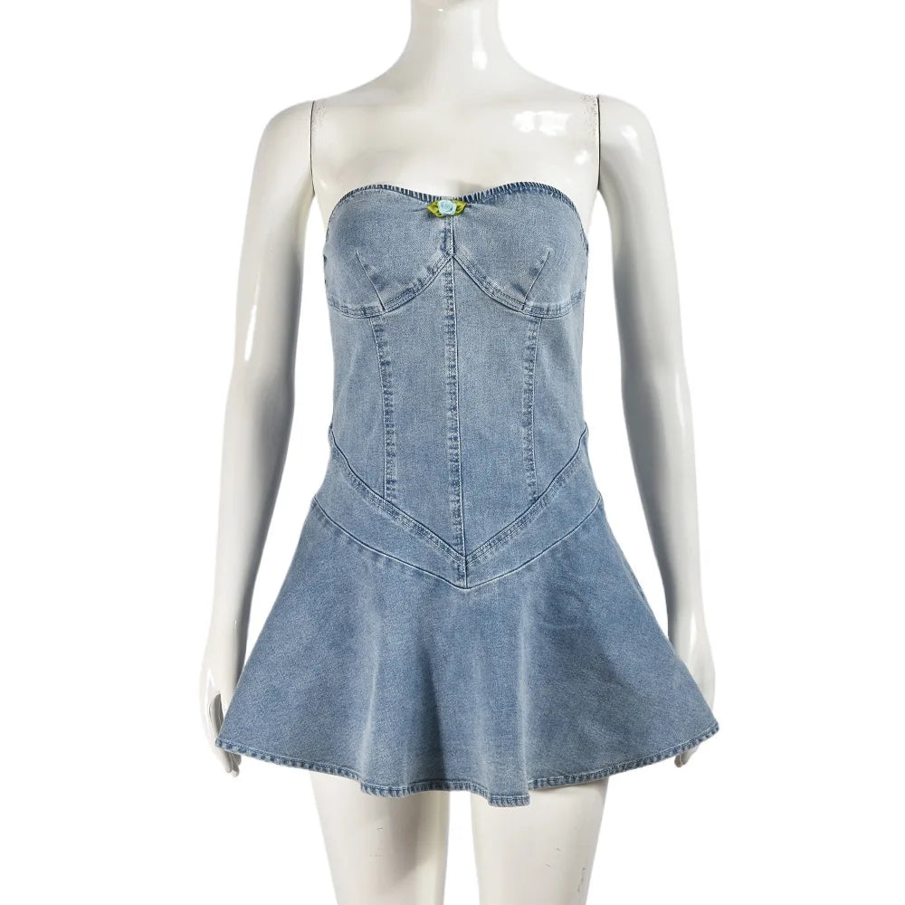 Women Stretch Denim Washed Wrap Backless Ruffle Dress