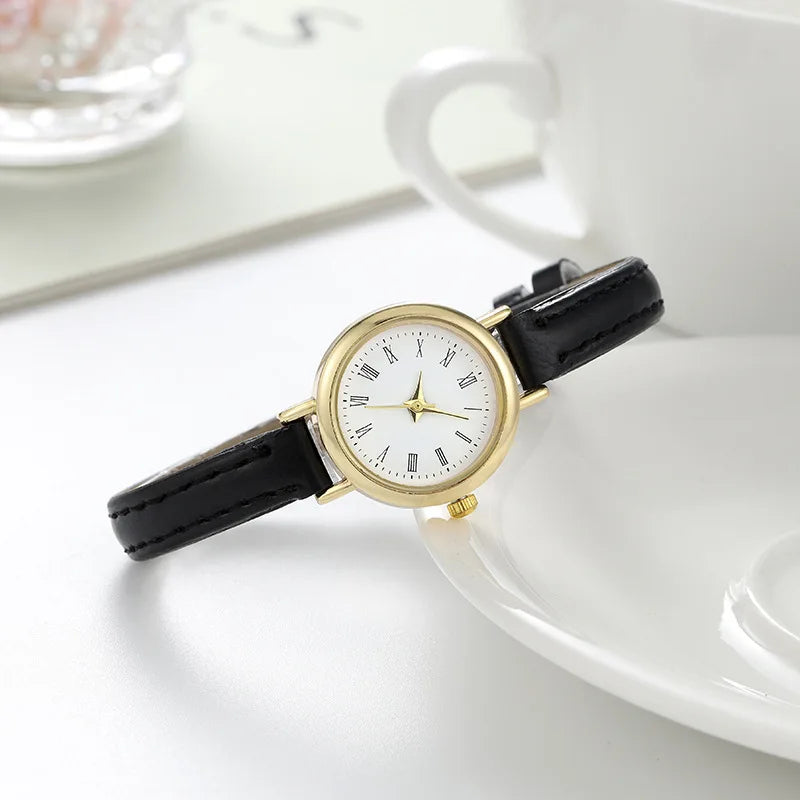 Luxury Design Leather Ladies Watch Quartz Wristwatch Small Round Dial Clock