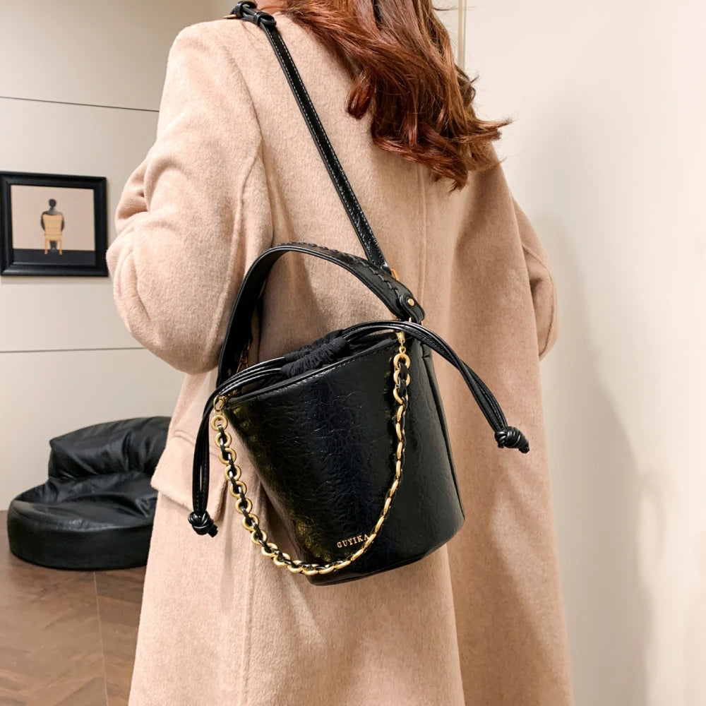 Retro Bucket Crossbody Bags For Women Oil-waxed Leather 2-IN-1 Chain Shoulder Bag