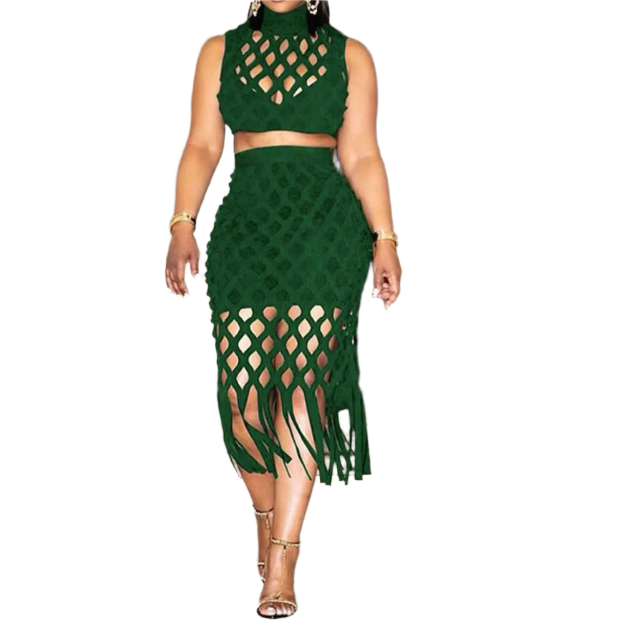 Women Hollow Out Tassel Bodycon Midi Skirts Two Piece Set and Sleeveless Top and Skirt Set