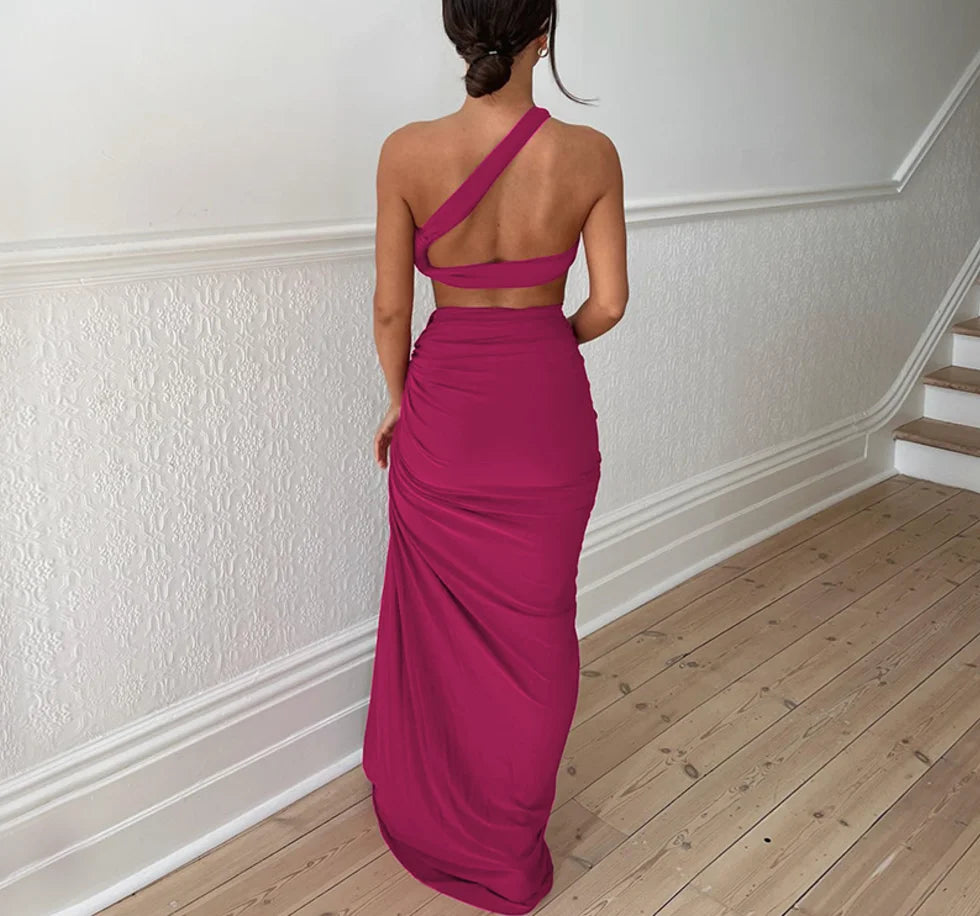 Sexy Sleeveless Solid Color Slim Fit Strapless Tank Top + Split Skirt Set For Women