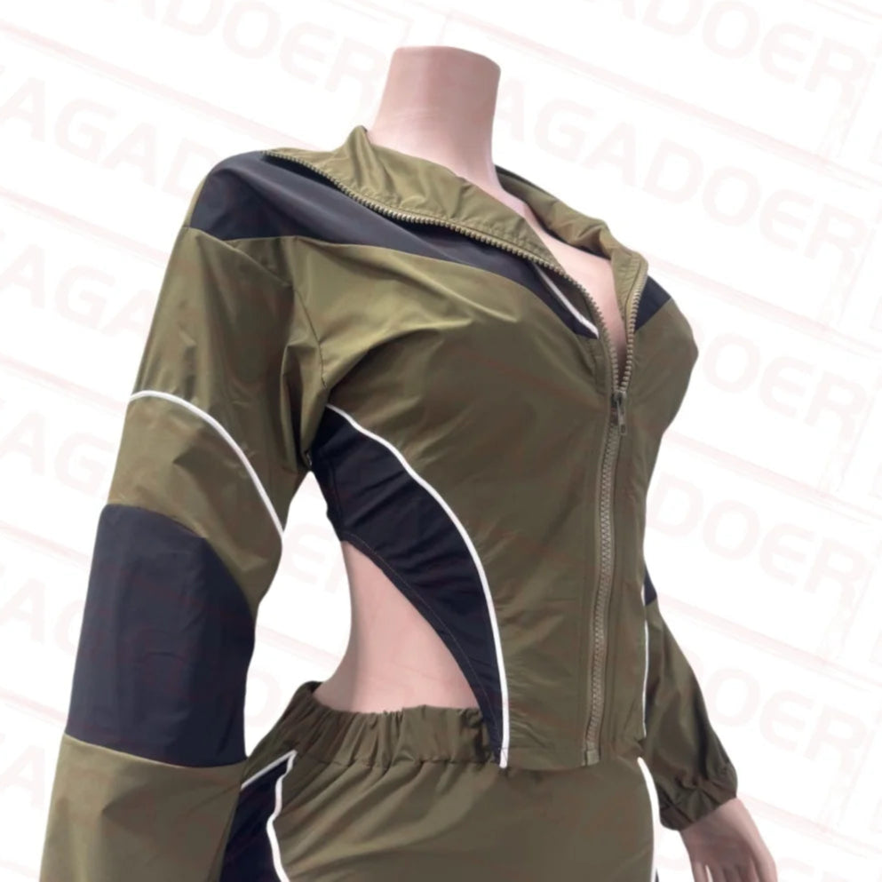 Color Block Two Piece Set For Women Casual Zip Lantern Sleeve Irregular Crop Jacket + High Waist Skirts Suit