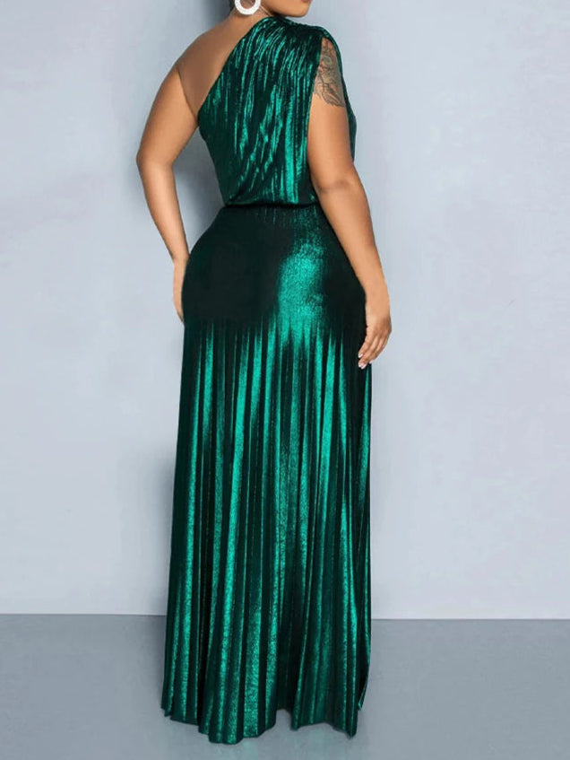 Metallic Golden One Shoulder Sleeveless Pleated A-Line Maxi Dress Elegant Cocktail Dress
