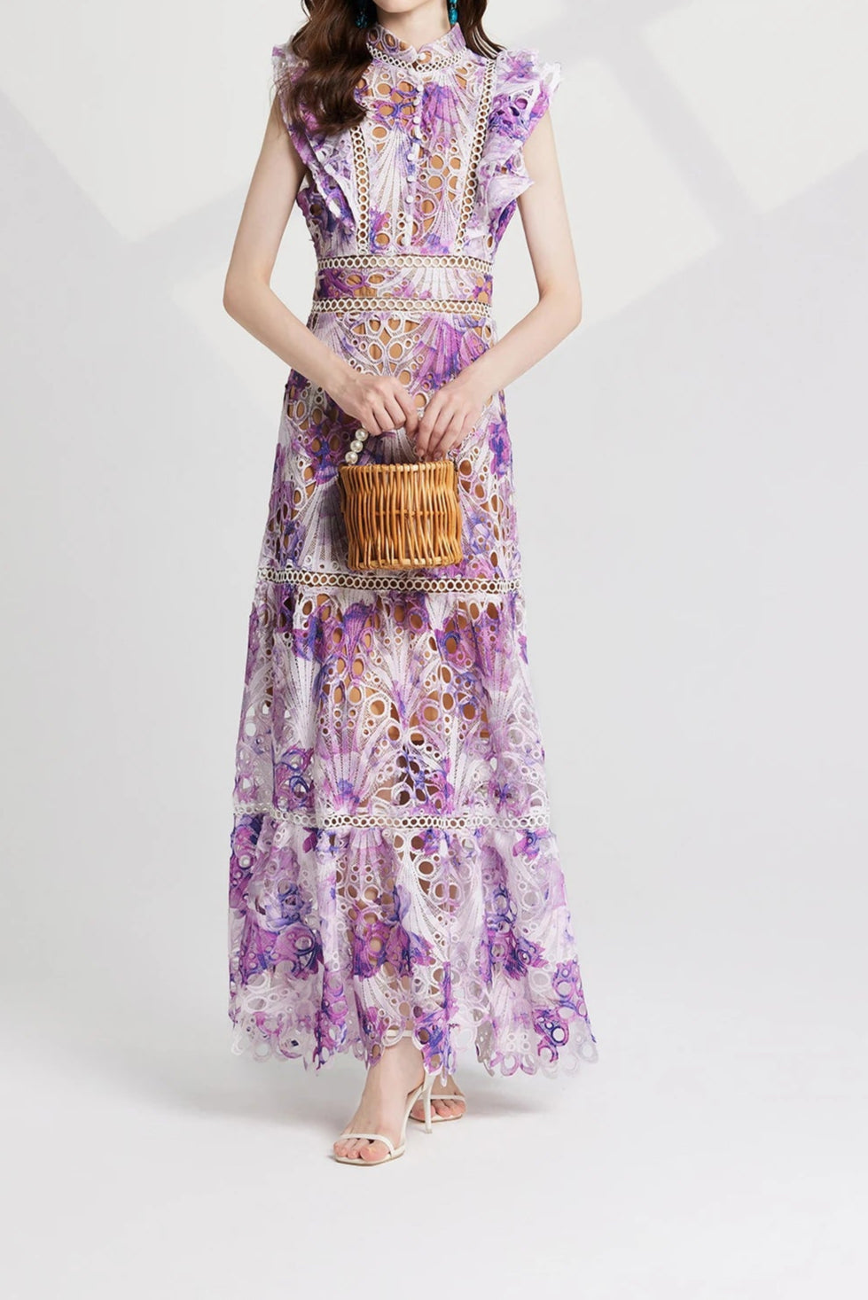 Flower Embroidery Maxi Wedding Guest Dress Women Flare Ruffles Sleeve Neck Colorful Long Robe