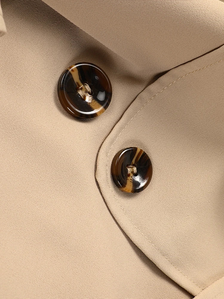 Women Khaki Pleated Elegant Trench New Lapel Long Sleeve Windbreaker Trench Coat