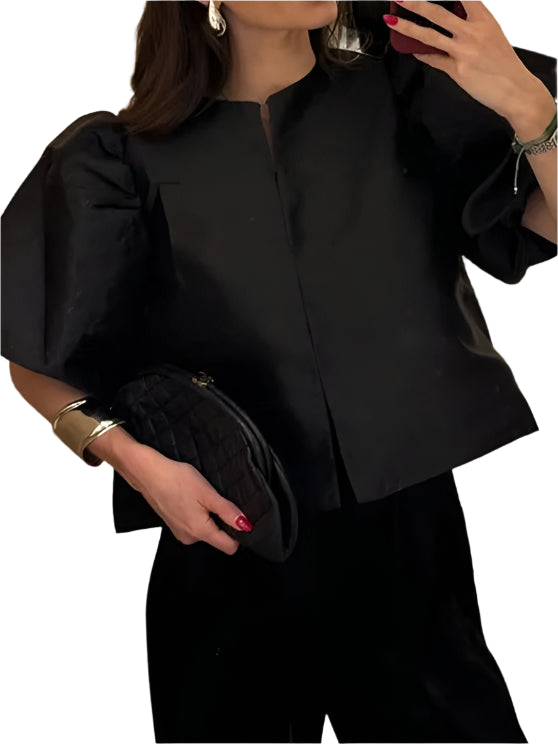 Solid Satin Women's Blouse Top With Pouf Balloon Sleeve O Neck Loose Blouses