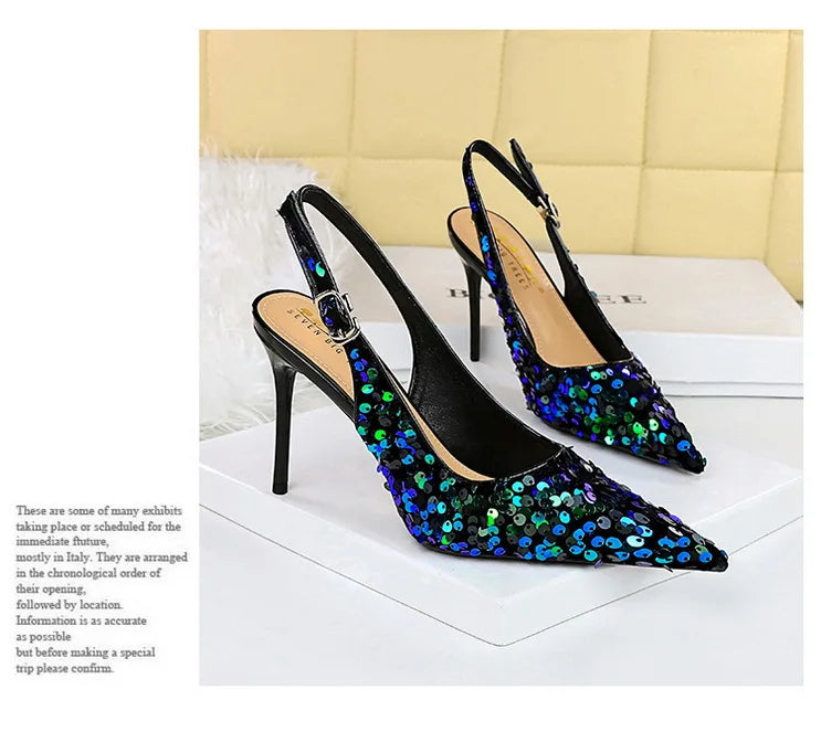 Sequined Cloth Woman Pumps Pointed Toe Thin Heels Hollow Buckle Strap Wedding Party Shoes