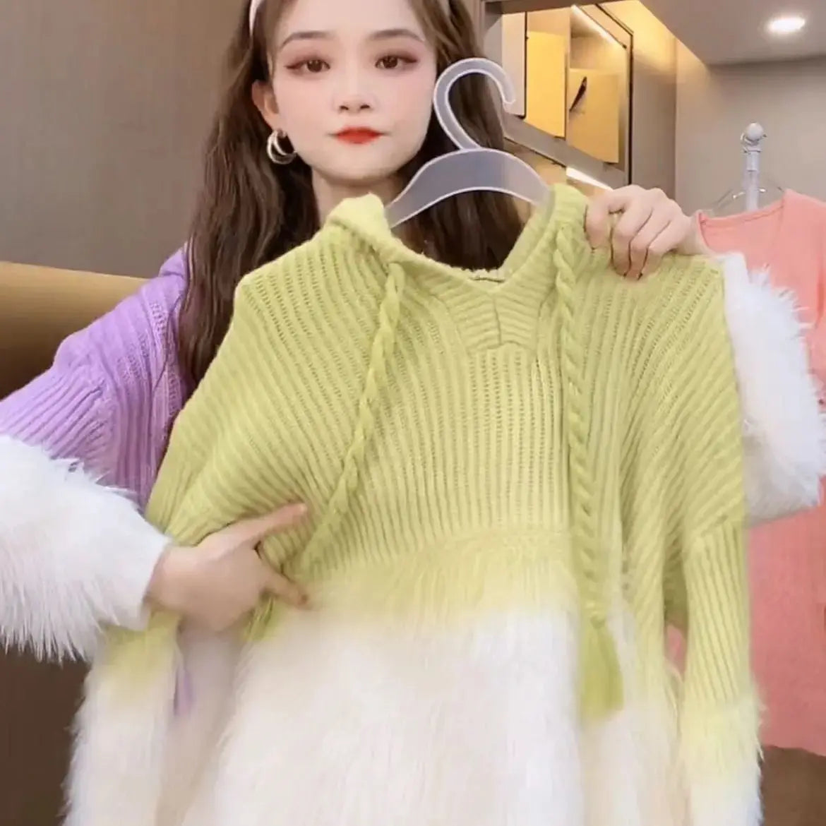 Tassel Pullover Long-Sleeved Sweater Hooded Loose Knitwear