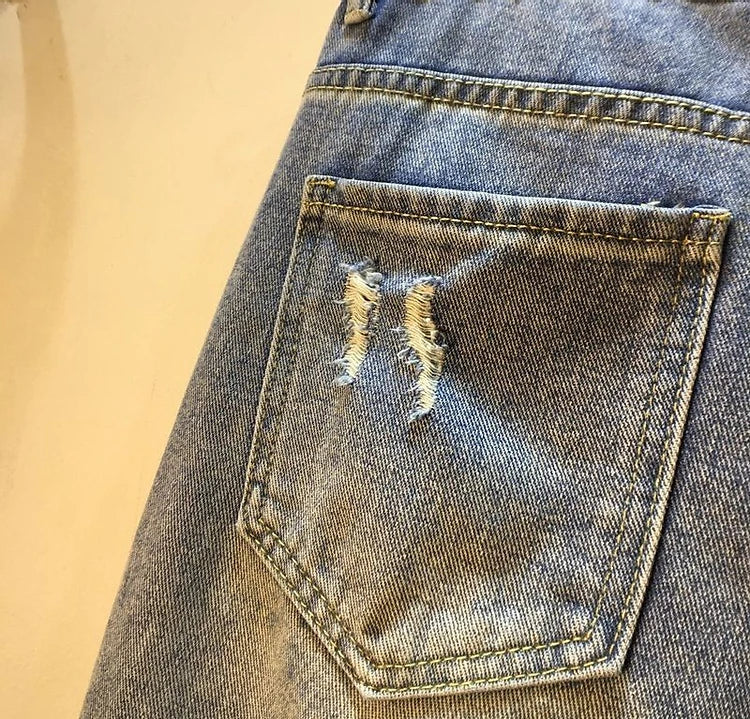 Diamond Beaded Denim Knee Length Shorts Summer Loose High Waist Shorts