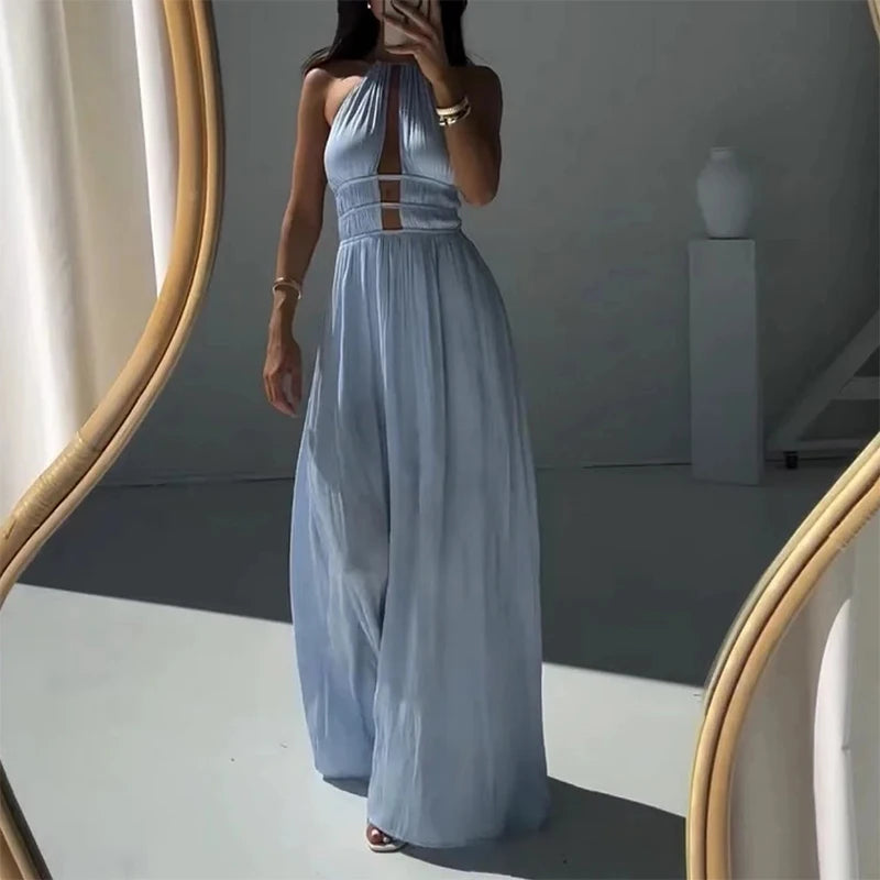 Halter High Waist Holiday Maxi Dress Simple Solid Pleated Long Dress Beach Dresses