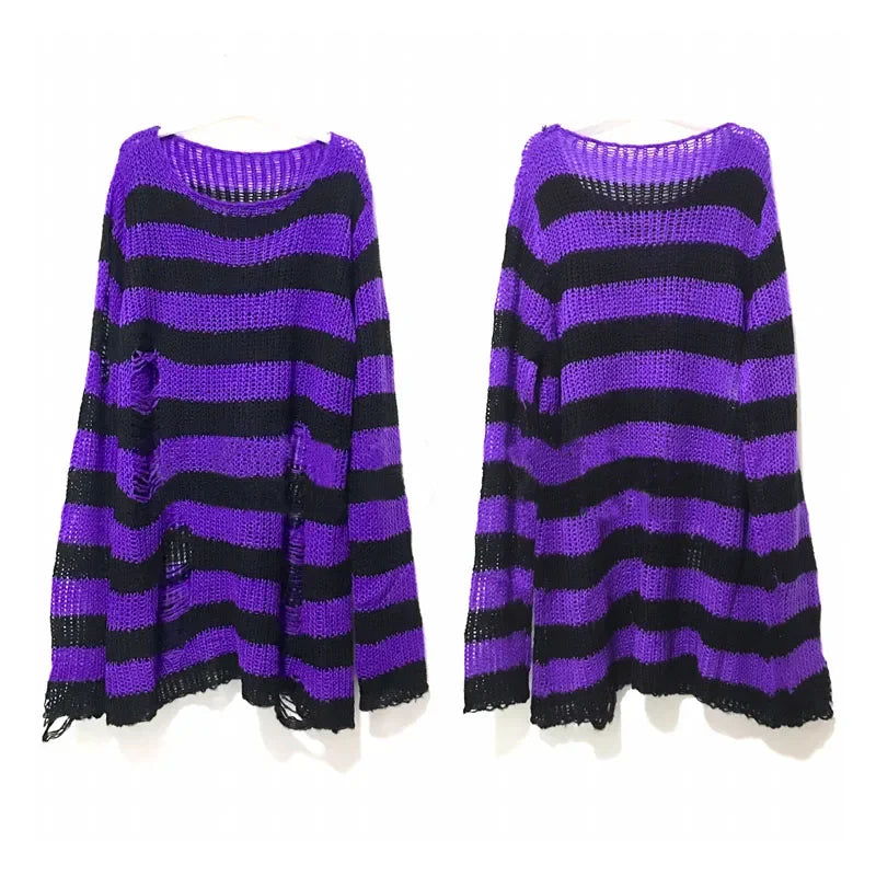 Punk Gothic Long Sweater Women Striped Broken Jumper