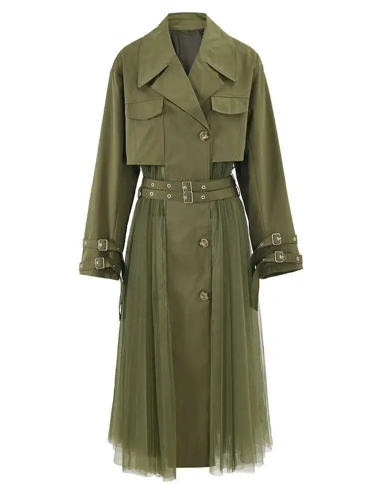 Vintage Gauze Patchwork Windbreaker Women Lapel Double Belt Gathered Trench Coat