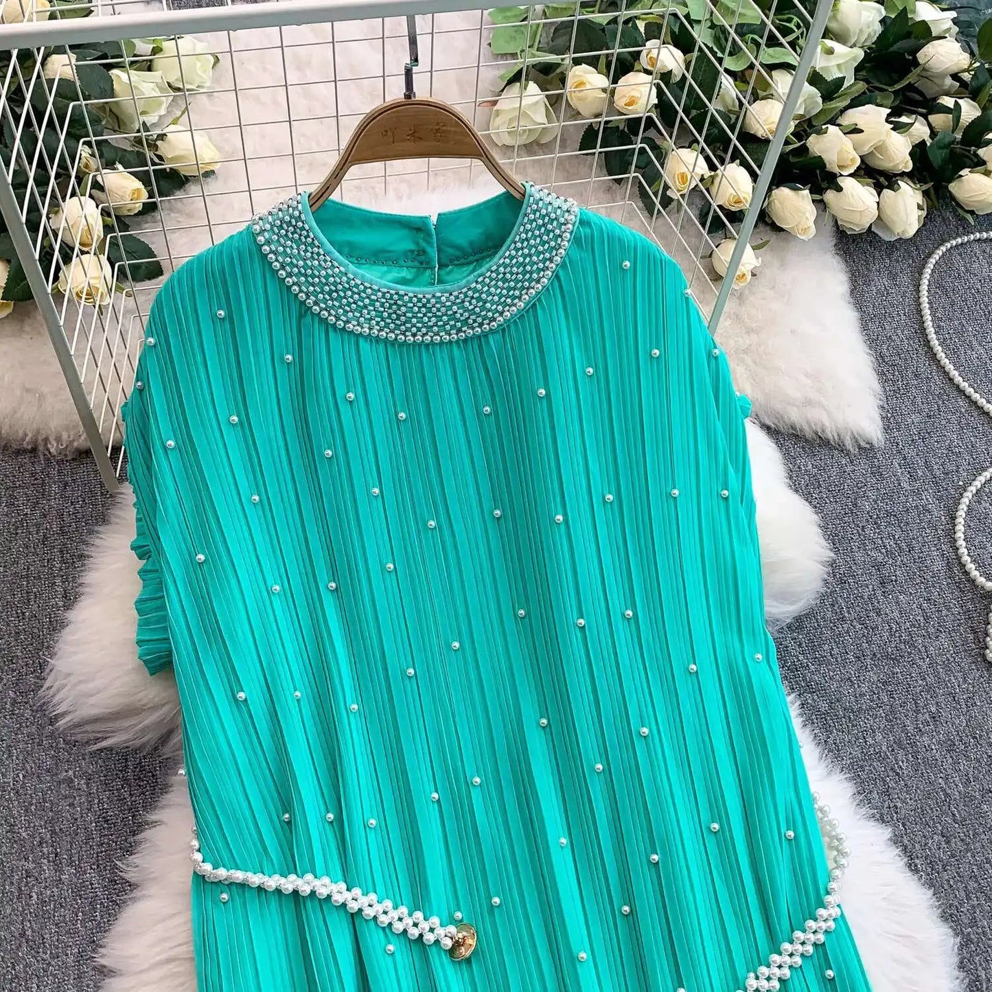 Summer Luxury Pearls Long Chiffon Dress For Women Loose Big Size Short Sleeve Crystal Birthday Evening Midi Pleated Dresses