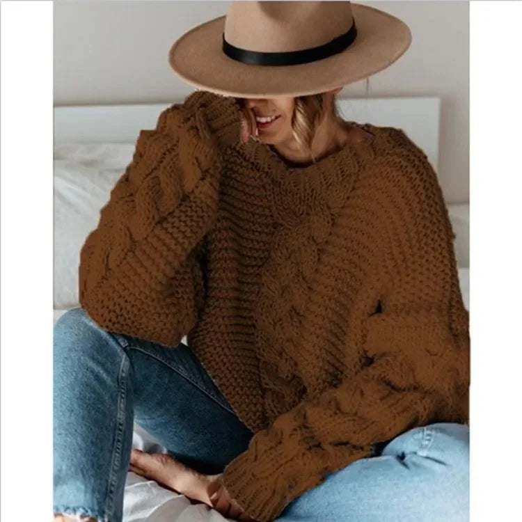 Loose Knitted Casual Sweater V Turtleneck Twist Women's Pullover Sweater