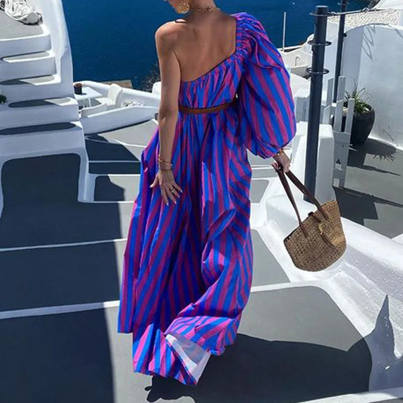 Striped Maxi Dress Women Off Shoulder One Sleeve Skew Neck Party Club High Waist with Sashes A-line Maxi Dress