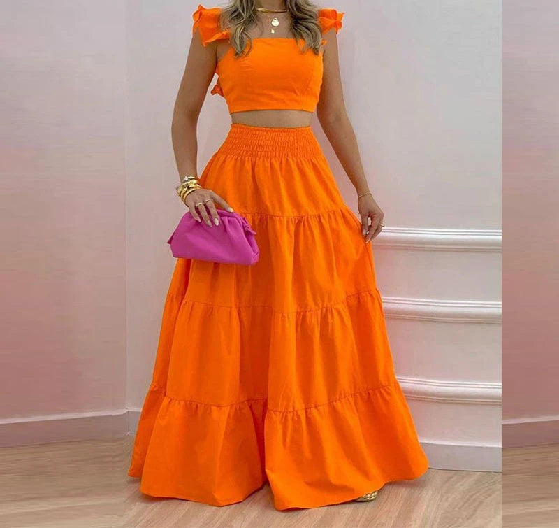 Y2k Two Piece Set Elegant Sexy Collage Sleeveless Top and Maxi Skirt Set
