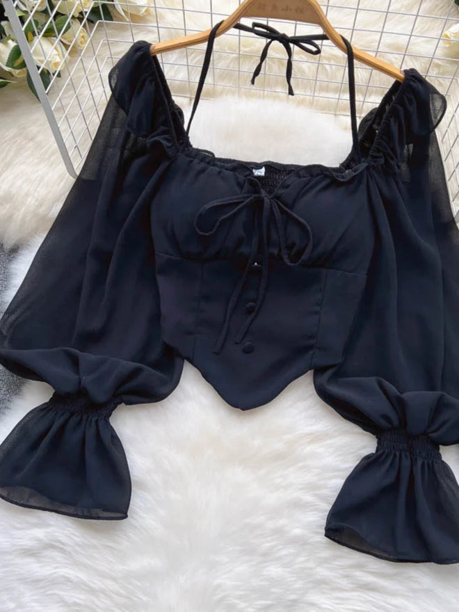 Flare Sleeve Women Top Ruffle Solid Elastic Waist Halter Backless Chiffon Blouse