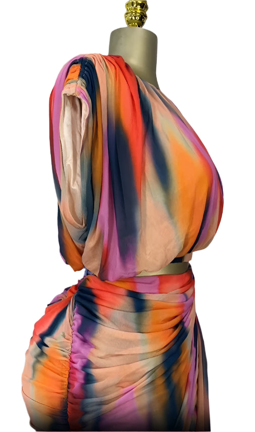 Tie Dye Printed Women's Set Short Sleeve Tops and Stacked Mini Skirts two 2 Piece Sets