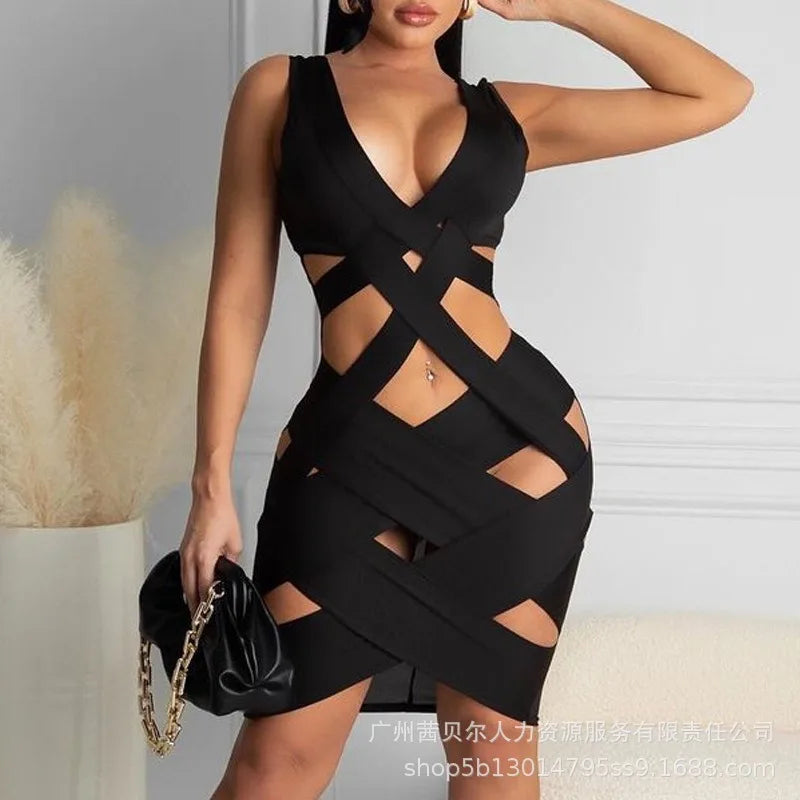 Sleeveless Tight Dress Hollow Out Sheath Mini Y2K Black Sexy Bodycon Dress Club Dress