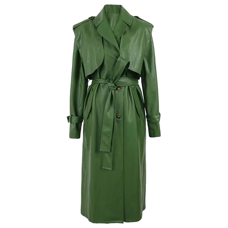 Long Green Pu Leather Trench Coat for Women with Back Slit Sashes Single Breasted