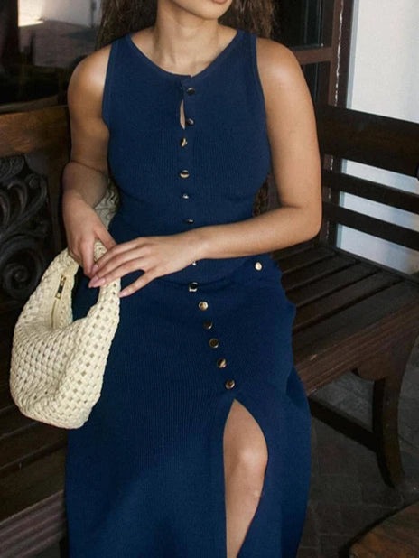 Elegant Knitted Long Dresses Women O Neck Sleeveless Single Breasted Bodycon Midi Dress