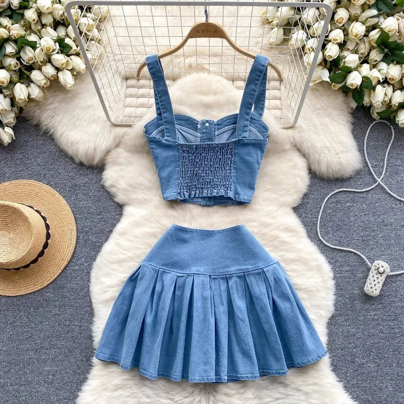 Denim Skirt Stets Two Pieces Sleeveless Tanks Top and Pleated Mini Skirt
