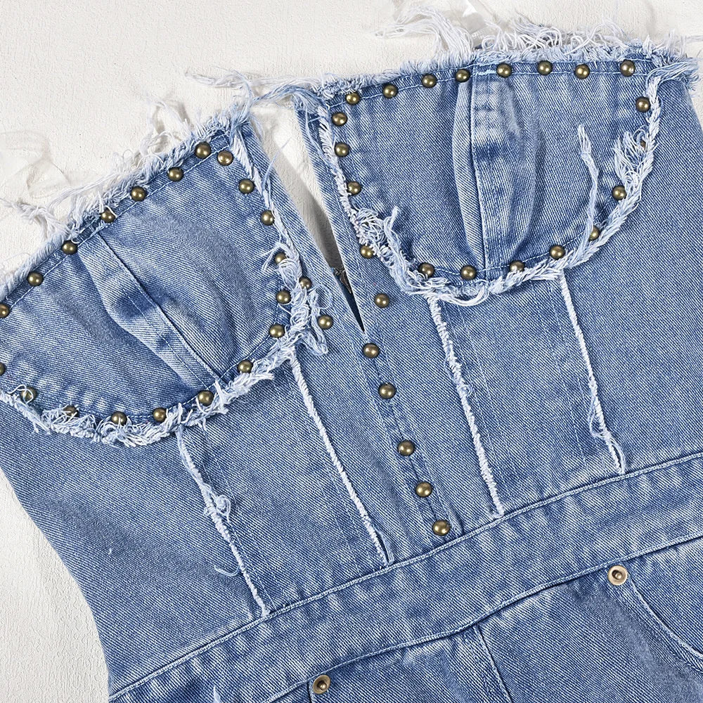 Slim Fit Denim V-neck Backless Tassel Trendy Jumpsuit Women's Strapless High Waist Ripped Pocket Sexy Street Rompers