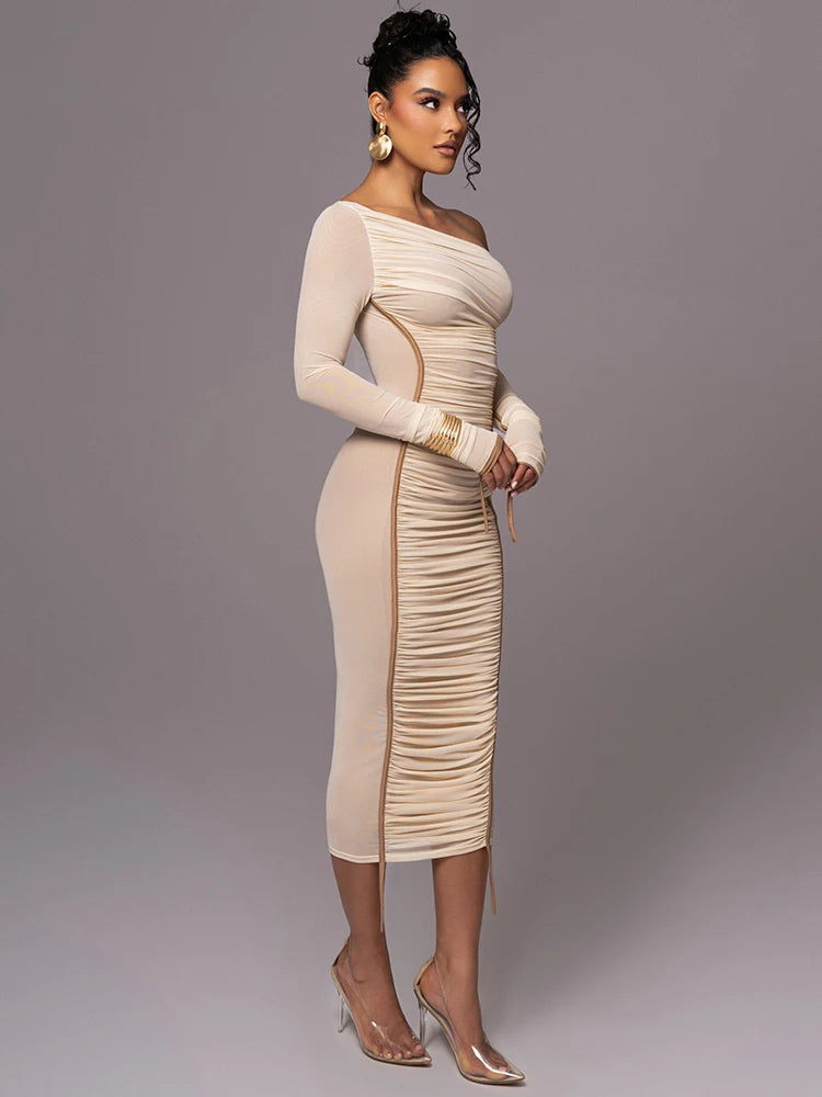 Diagonal Collar Long Sleeve Midi Bodycon Dress For Women Two Layer Mesh