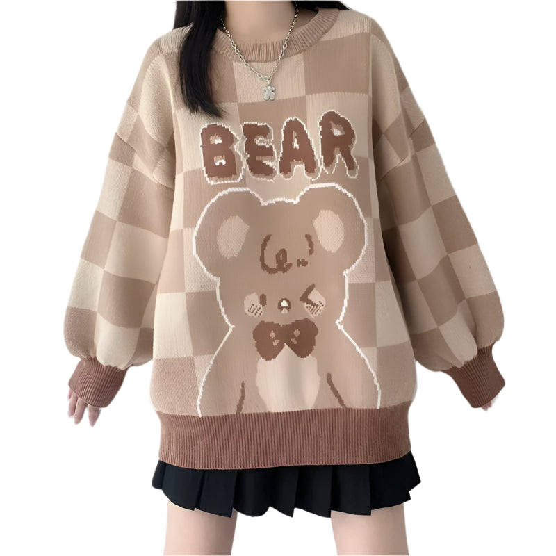 Sweet Bear Jacquard Pattern Sweater Harajuku Women Cute Loose Knitted Pullover