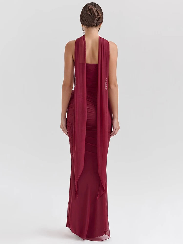 Wine Red Sexy Two Piece Sets Women Neckerchief Strapless Crop Tops And Maxi Skirt Sets