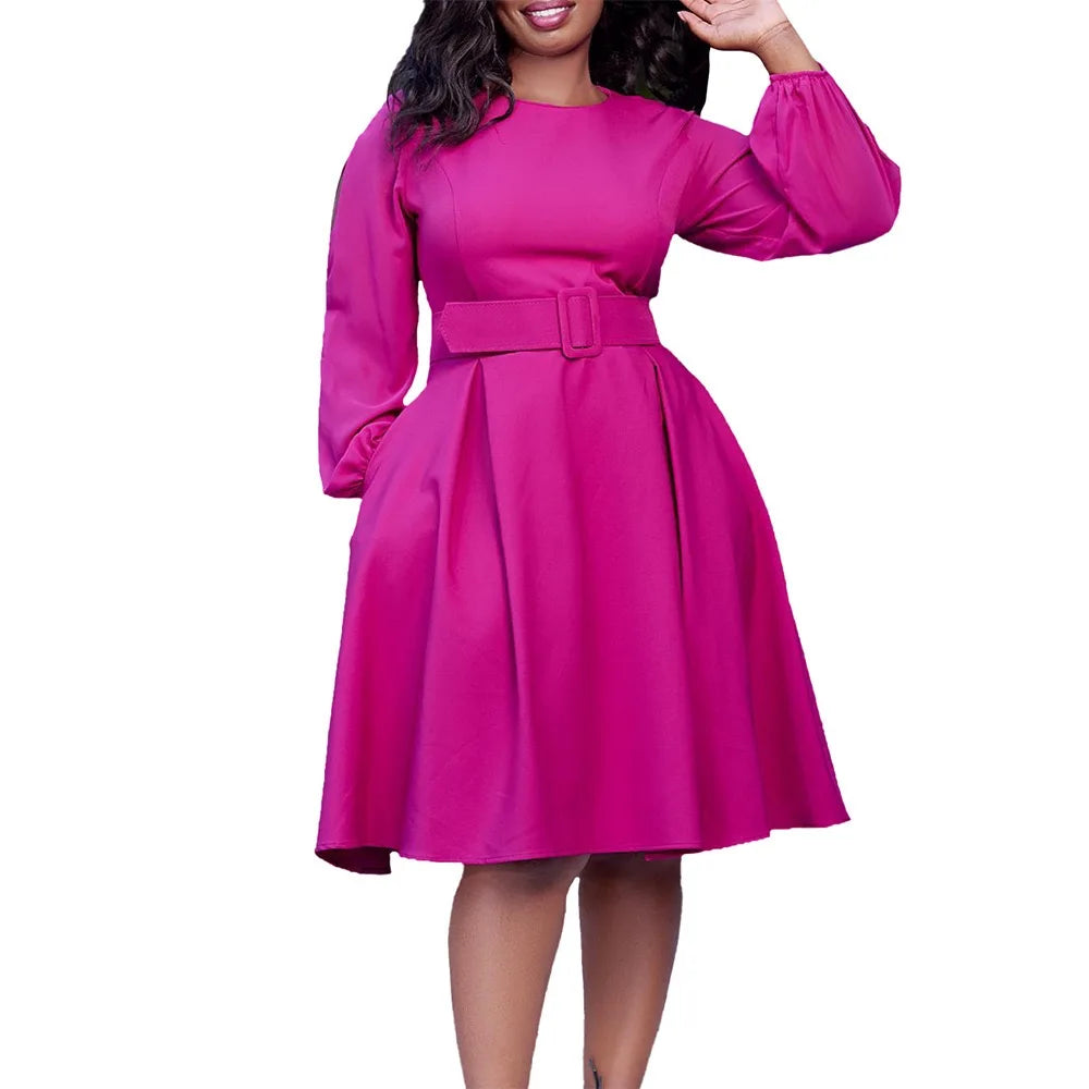 Elegant Office Dresses Women O Neck Full Sleeve Belt Waisted Pleated A Line Mid Calf Formal Female Business Work Wear Dress Midi