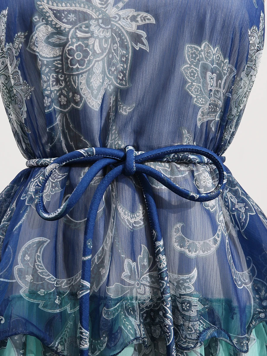 Colorful Print Ruffle Maxi Dress Spliced Lace Up Robe for Women Round Neck Sleeveless High Waist Patchwork Ruffles Dress