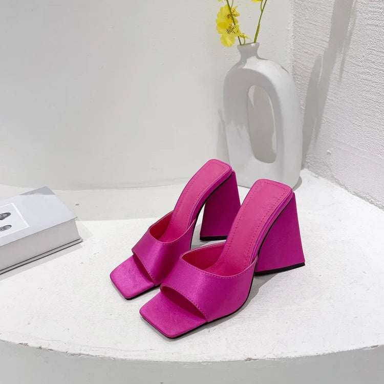 Silk Triangle Square Heels Heel Woman Slippers Sexy Street Party Square Toe Heels