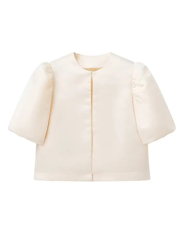 Solid Satin Women's Blouse Top With Pouf Balloon Sleeve O Neck Loose Blouses