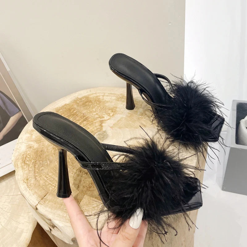 Fur Feather High Heels Slippers Sandals Women Summer Mules Ladies Shoes