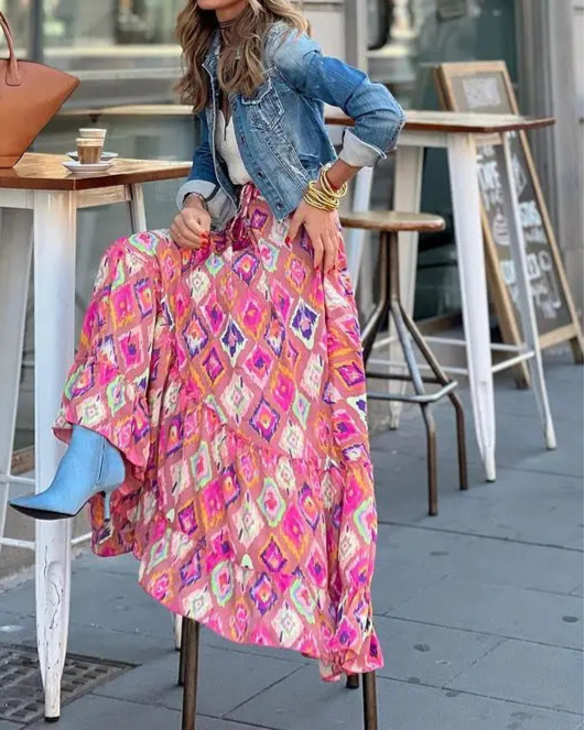 Bohemian Style Printed A-line Skirt Women Fashion Beach Vacation Loose Drawstring Ruffles Skirts Female Summer New Streetwear