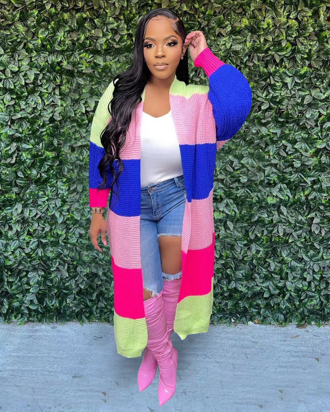 Elegant Women Knit Ribbed Cardigan Patchwork Long Sleeve Open Stitch Thick Sweater