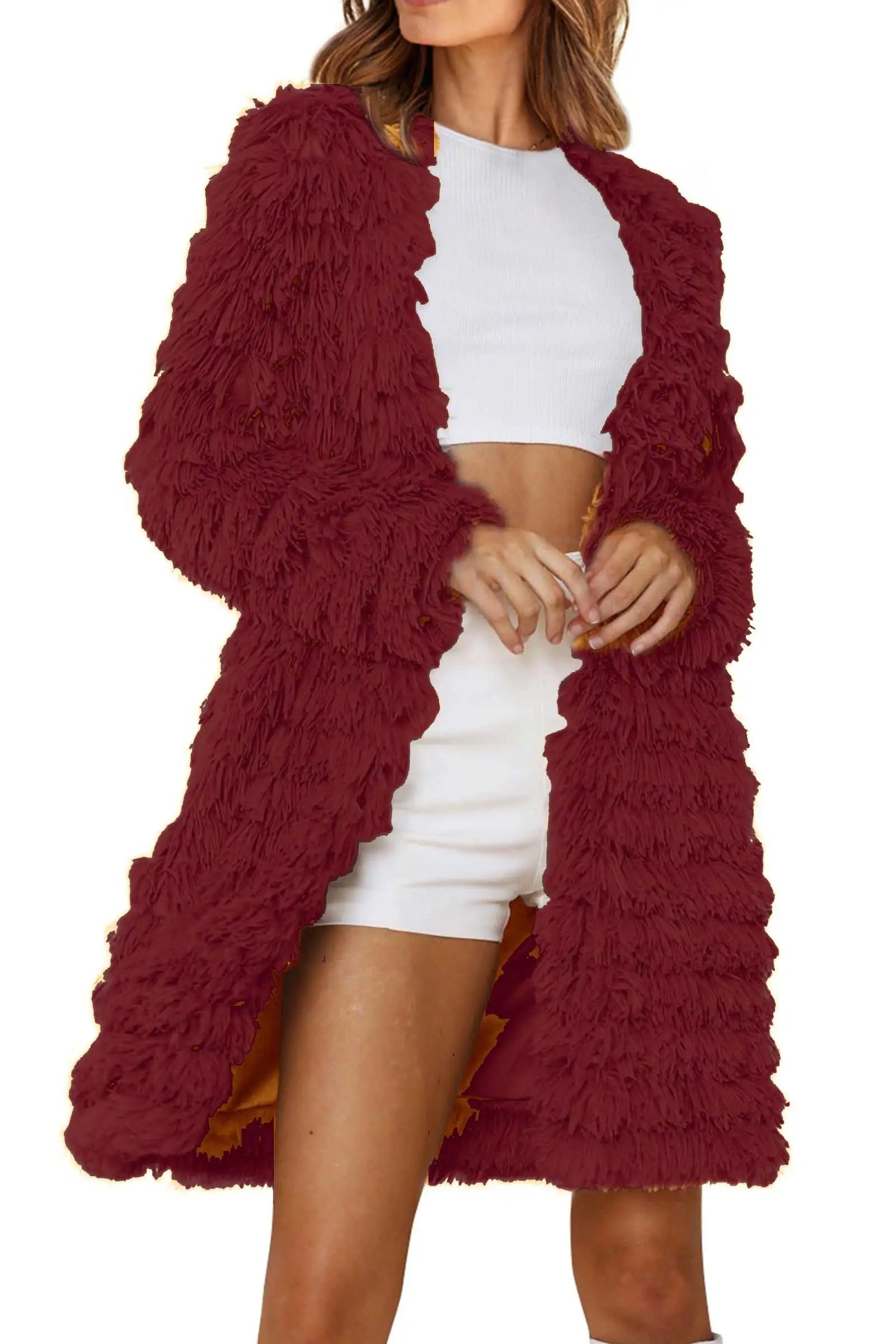 Long Sleeve Faux Fur Jackets Open Front Long Cardigan Coat Outerwear
