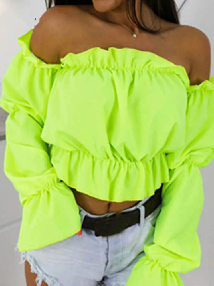 Candy Color Off Shoulder Crop Tops women Summer lantern sleeve blouse