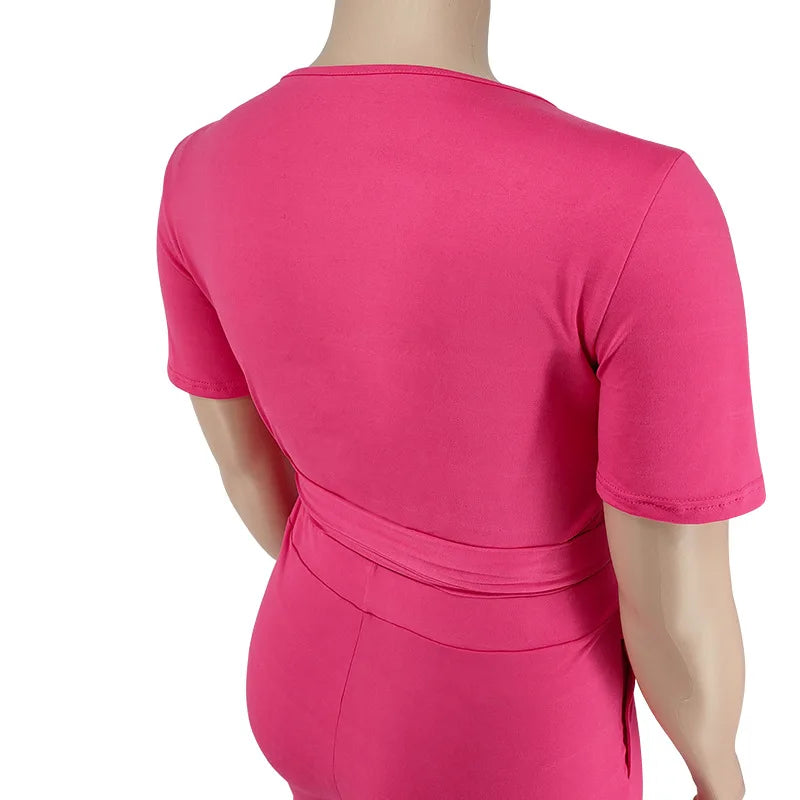 Plus Size Pants Sets Two Piece Outfits Summer Holiday Solid Bandage Top Wide Leg New Matching Suit