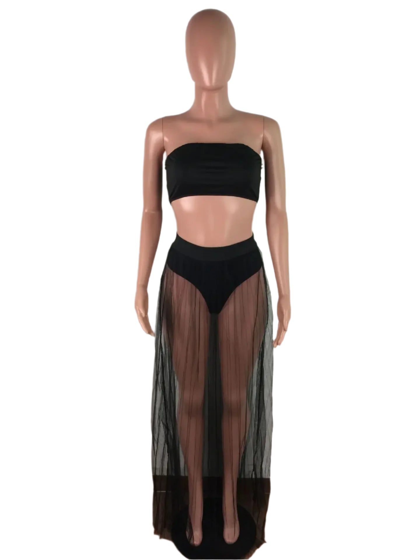 Women Mesh See Though Two Piece Set Sexy Beach Strapless Tops and Pleated Maxi Skirts Matching Set Summer Outfits