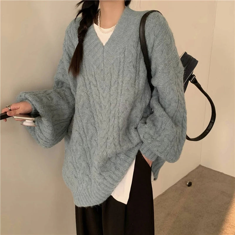 Harajuku Women Sweater Cute Oversized Knitted Pullover V Neck Sweater