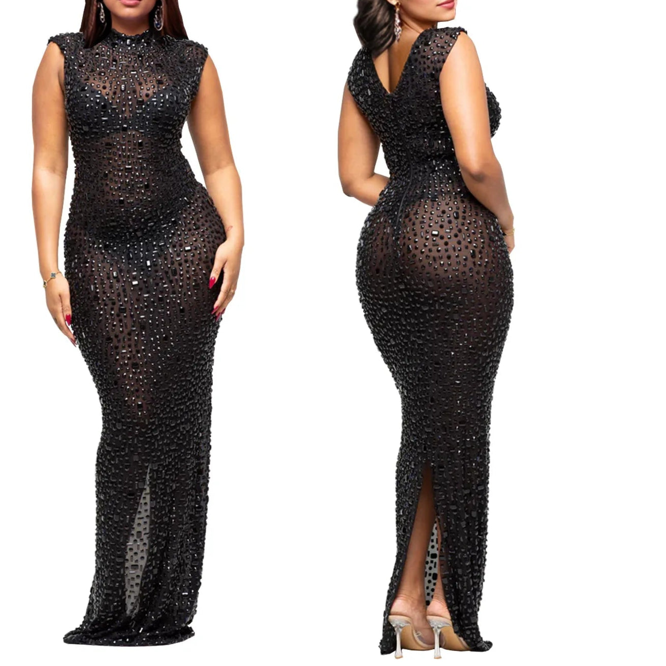 Cocktail Dress Diamonds Hot Rhinestones O-neck Women Sleeveless Bodycon Maxi Dress