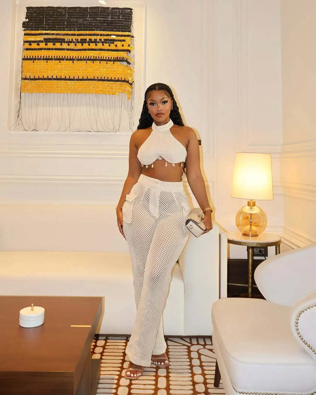 Women's Two Piece Solid Color Neck Hanging Skirt Top with Hollow Pocket Pants Set