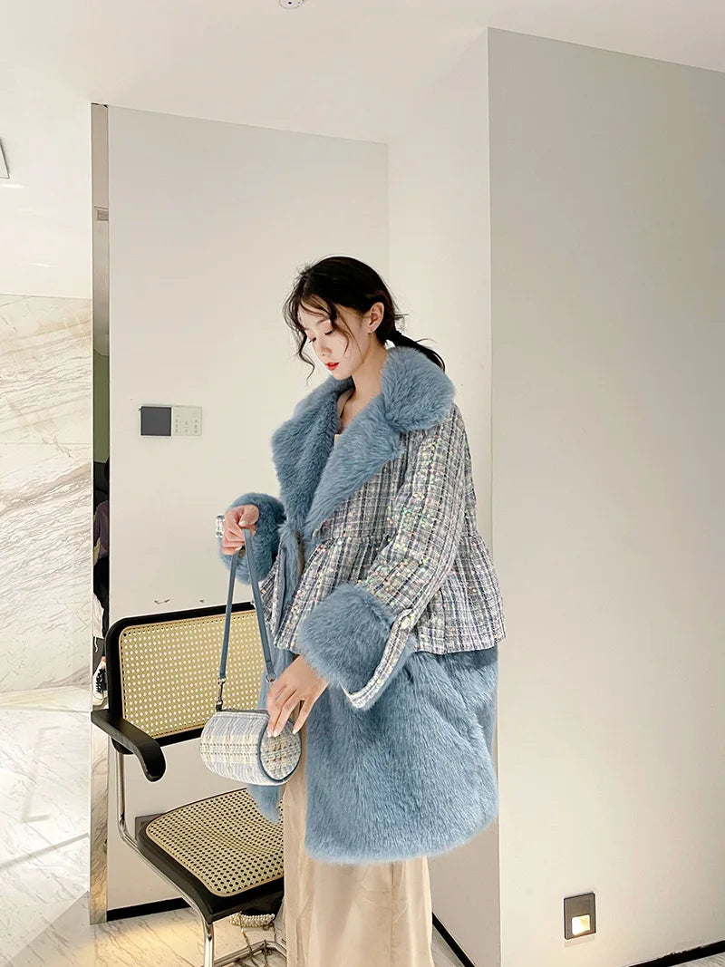 Winter Fur Coat Women Luxury Sequined Wool Faux Fur Long Jacket Fluffy Overcoat