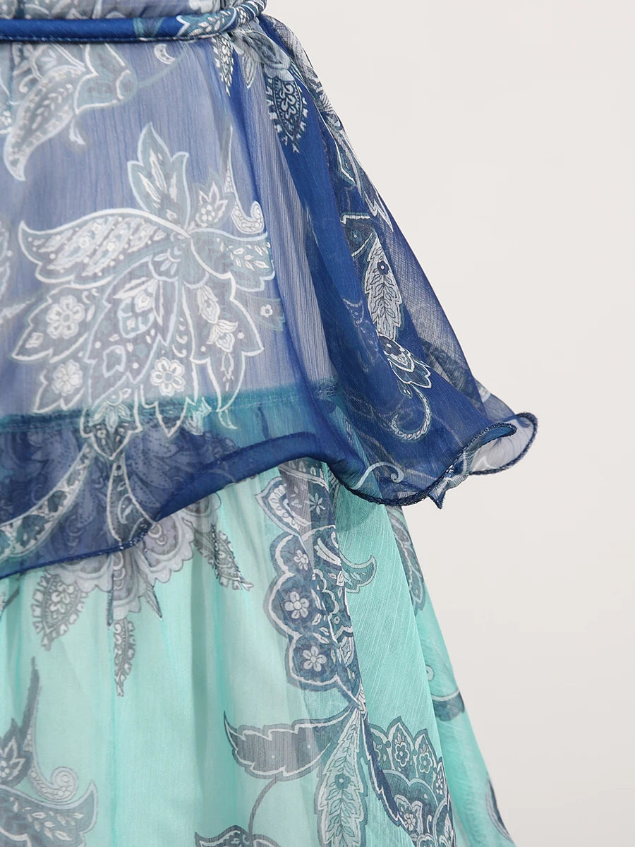 Colorful Print Ruffle Maxi Dress Spliced Lace Up Robe for Women Round Neck Sleeveless High Waist Patchwork Ruffles Dress