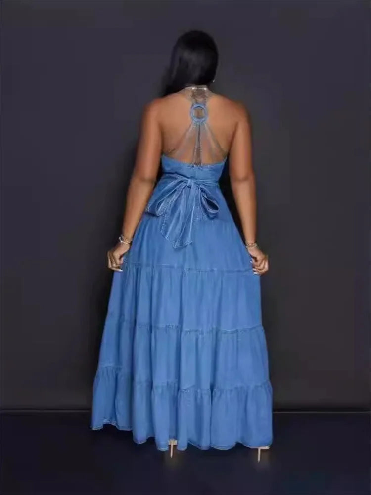 Elegant Sexy Deep V Neck Halter Denim Maxi Dress