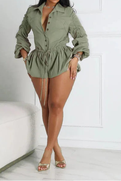 Elegant Ruched Drawstring Patchwork Rompers Woman Solid Color Lantern Sleeve Jumpsuits