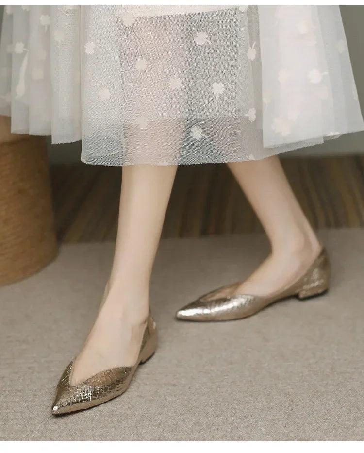 French Pointed Leather Shoe Simple Comfort Sheepskin Elegant Low Heel Shoes